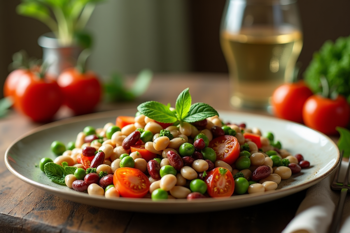 Assiette de salade de legumes avec haricots et légumes frais sur une table chaleureuse