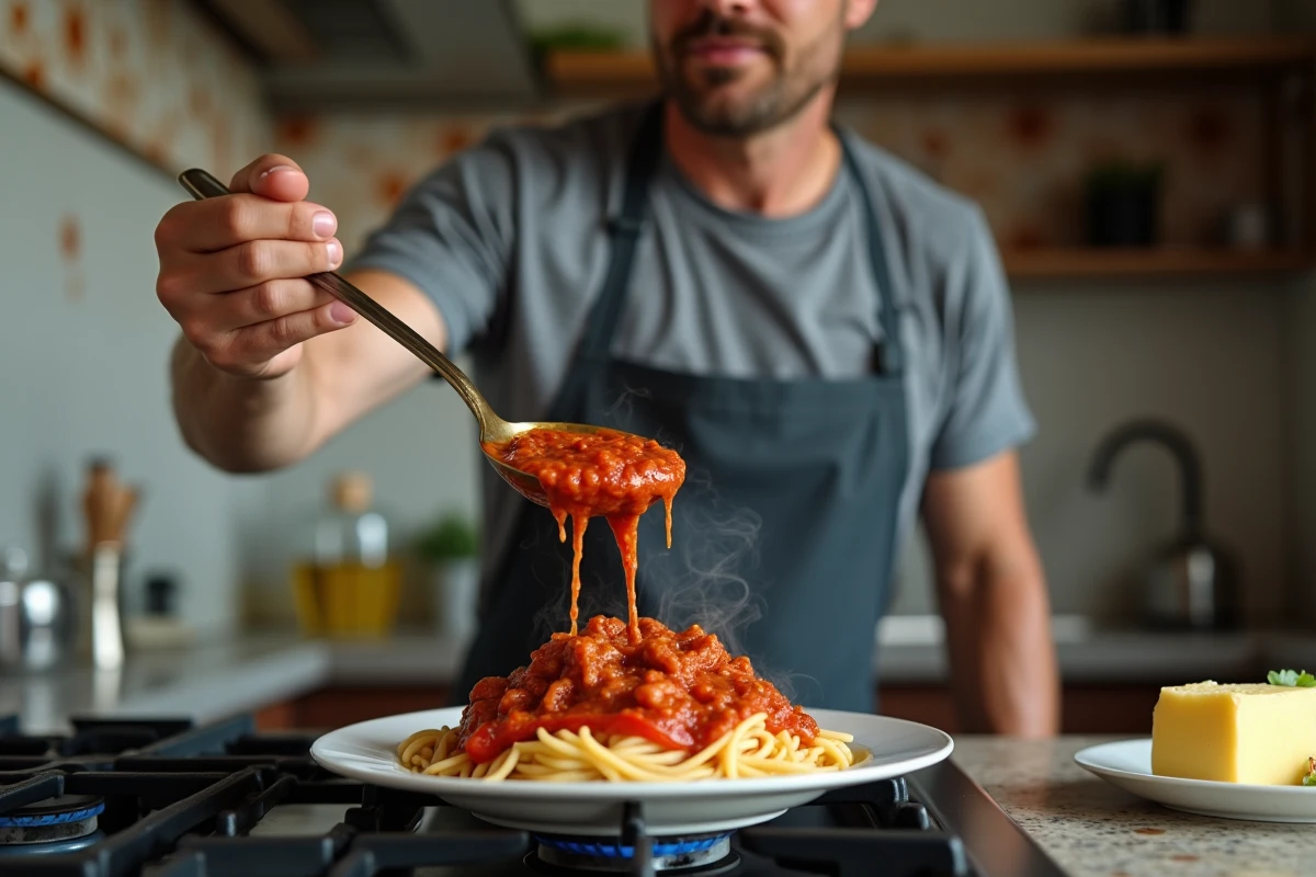 Homme versant une grande quantité de sauce bolognaise sur des spaghettis, erreur calorique fréquente maison