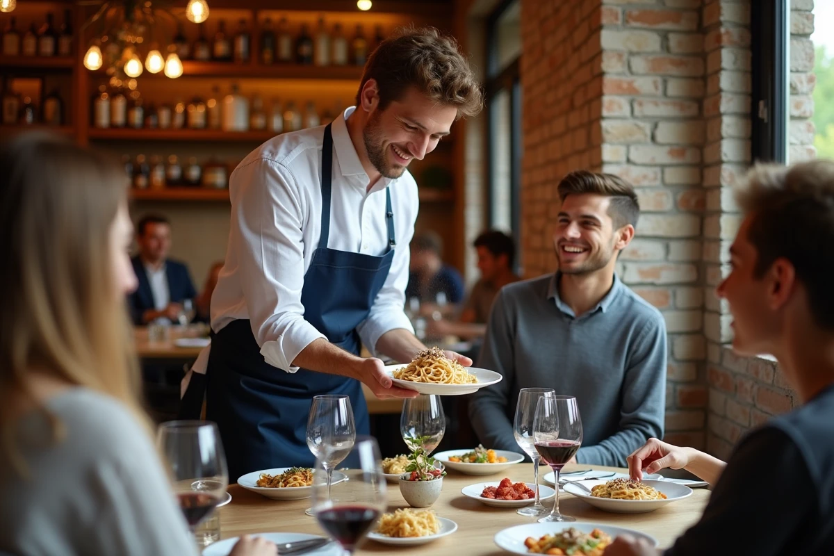 Serveur présentant un plat de pâtes à la truffe en restaurant