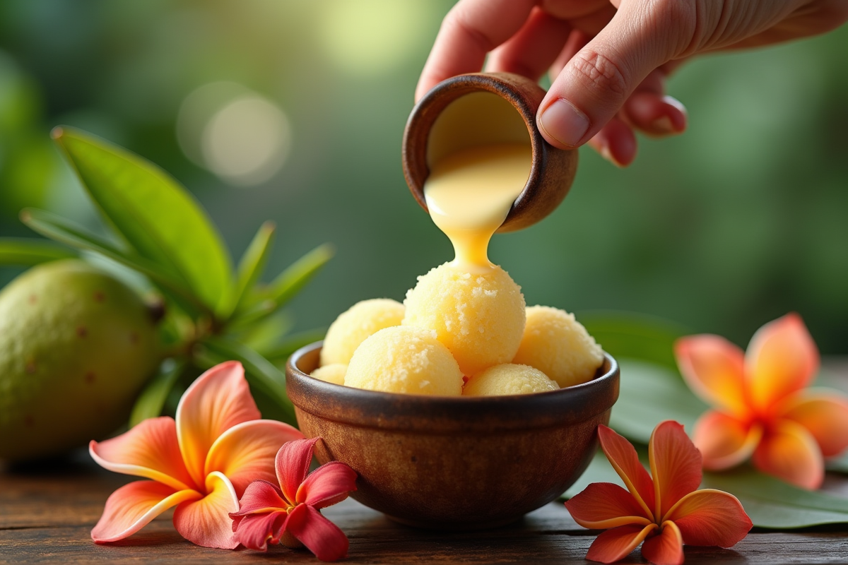 Main versant sorbet de soursop dans une tasse en céramique avec feuilles vertes et fleurs tropicales
