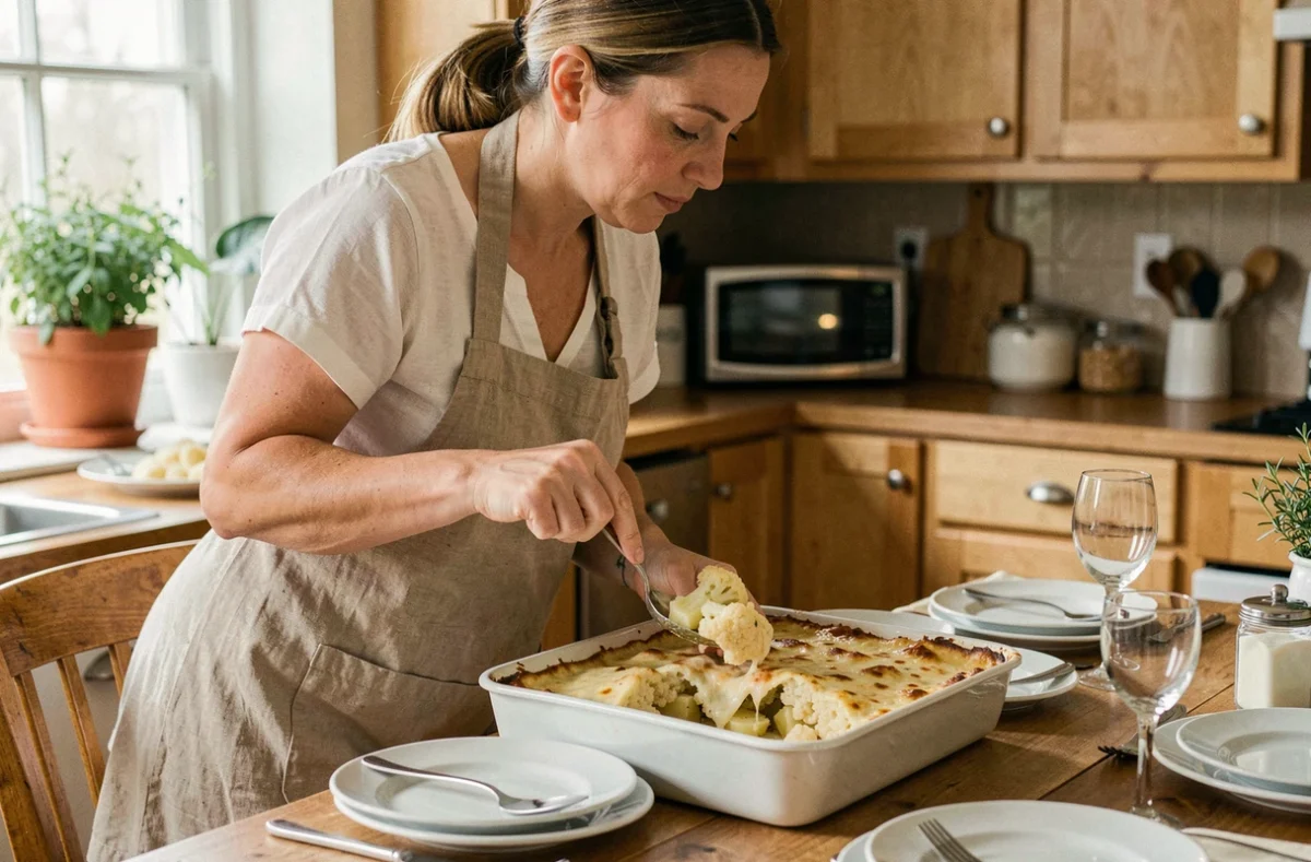 Femme servant un gratin de chou-fleur et pomme de terre doré lors d'un repas familial dans une cuisine chaleureuse