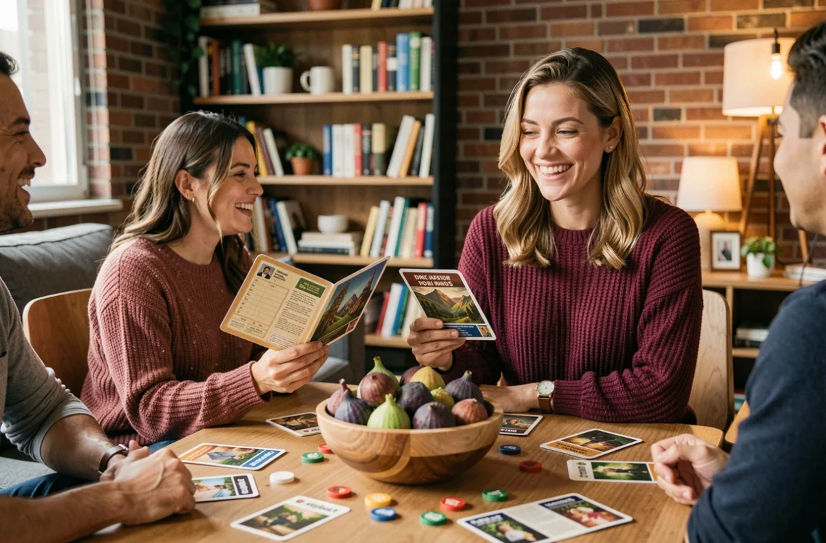 Femme tenant une carte de jeu de société entourée d'amis avec un bol de fruits commençant par I au centre de la table