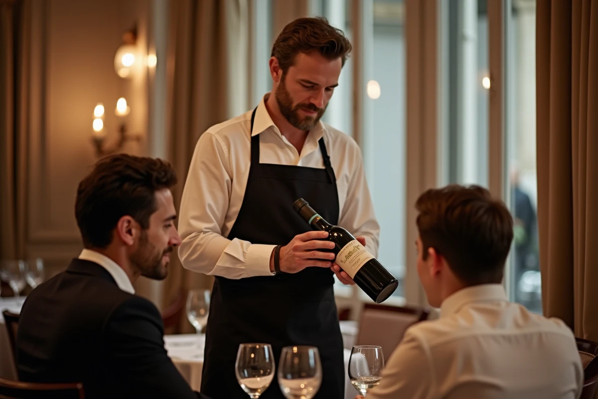 Sommelier professionnel présentant une bouteille de vin de Bourgogne à des clients dans la salle élégante du restaurant Raffine Rivoli à Paris