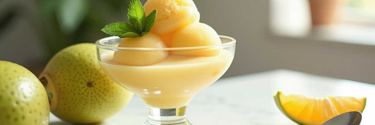 Sorbet de soursop dans un bol avec feuilles de menthe sur un plan de travail en marbre