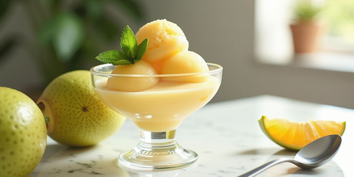 Sorbet de soursop dans un bol avec feuilles de menthe sur un plan de travail en marbre