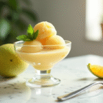 Sorbet de soursop dans un bol avec feuilles de menthe sur un plan de travail en marbre