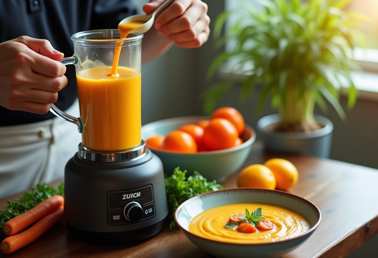 Soupe crémeuse avec ingrédients frais et blender chaud