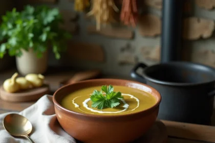Soupe de pois cassés maison servie dans un bol en céramique rustique sur une table en bois, garnie de persil frais et de crème, ambiance cuisine campagnarde chaleureuse