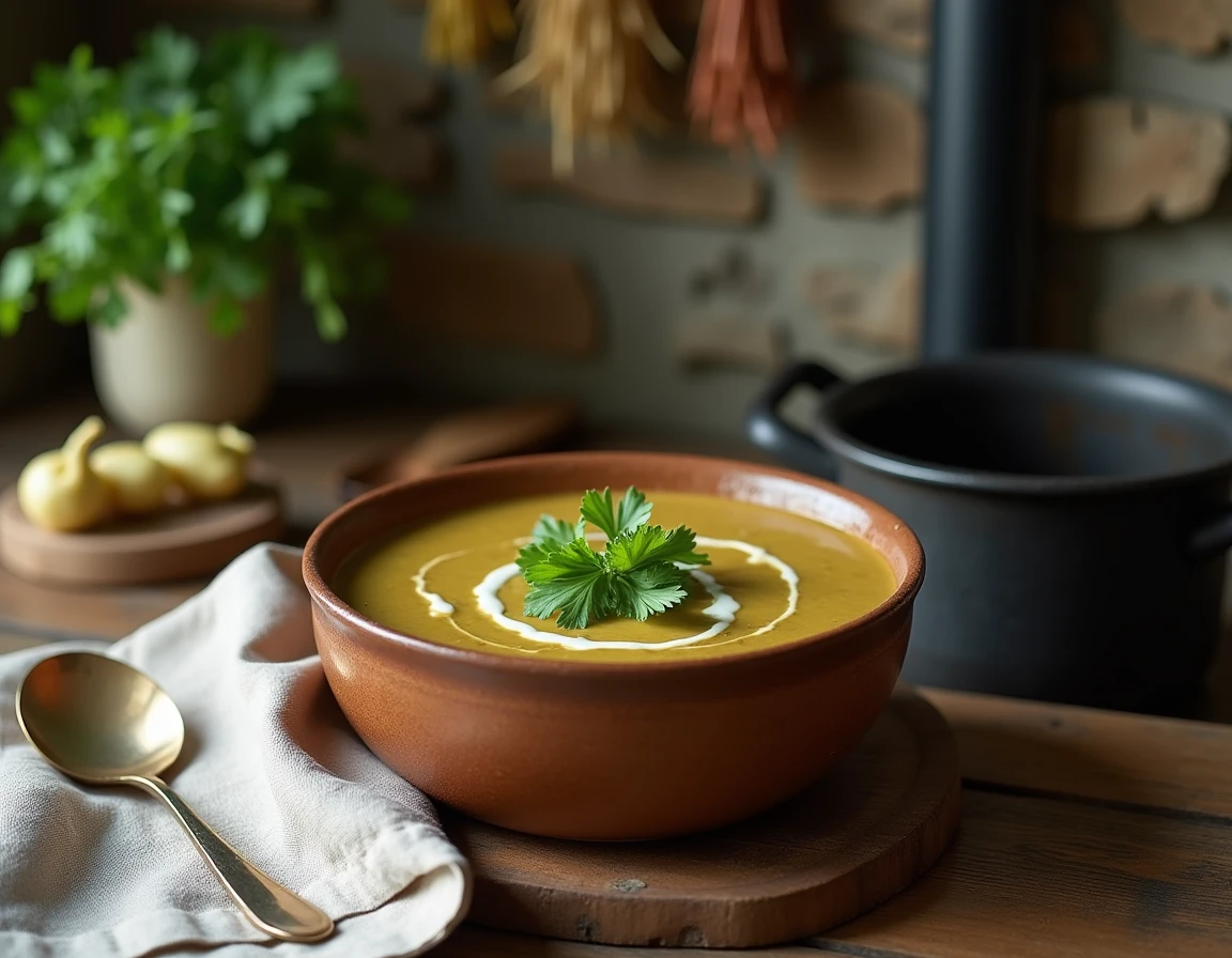 Soupe de pois cassés maison servie dans un bol en céramique rustique sur une table en bois, garnie de persil frais et de crème, ambiance cuisine campagnarde chaleureuse