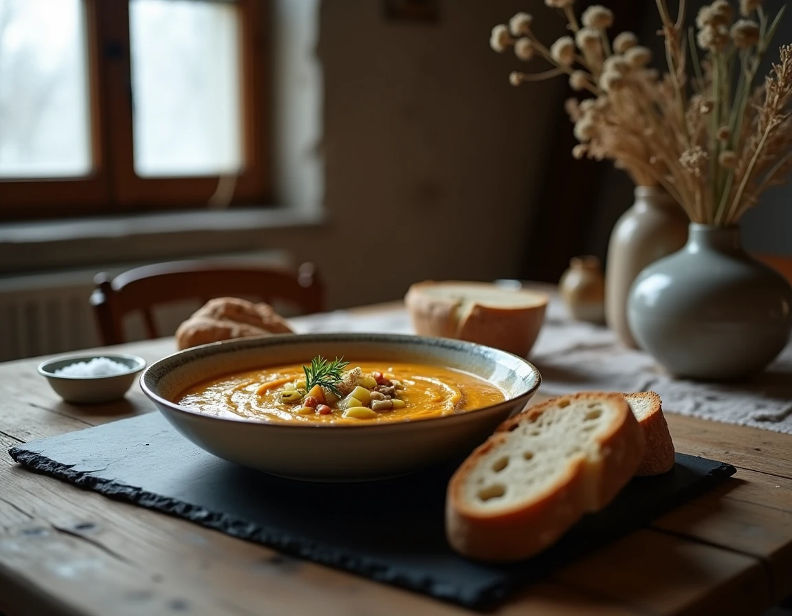 Table dressée avec une soupe de scorsonère et pommes de terre dans un bol plat, accompagnée de pain au levain, décoration florale sèche, ambiance salle à manger rustique hivernale