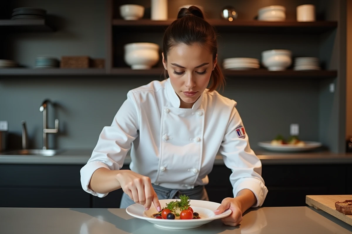 Jeune cheffe cuisinière dressant un plat étoilé dans une cuisine parisienne moderne, évoquant le parcours de Stéphanie Le Quellec