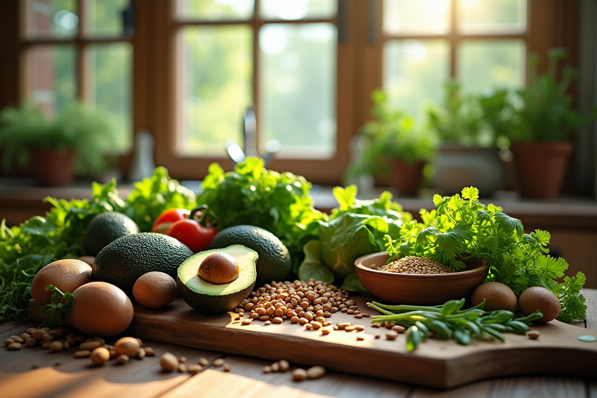 Table en bois avec aliments bio et herbes fraîches