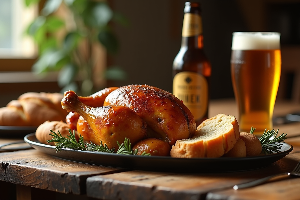Table rustique avec poulet rôti à la bière et pain artisanal