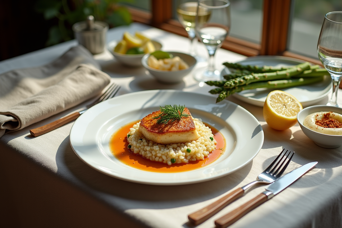 Table élégante avec SaintJacques caramélisées et accompagnements