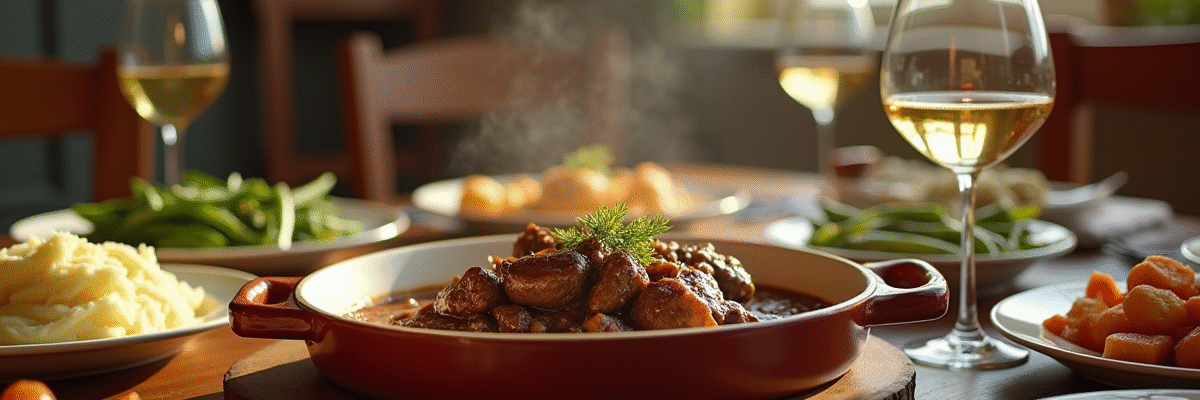 Table élégante pour un repas familial avec un plat de bœuf bourguignon