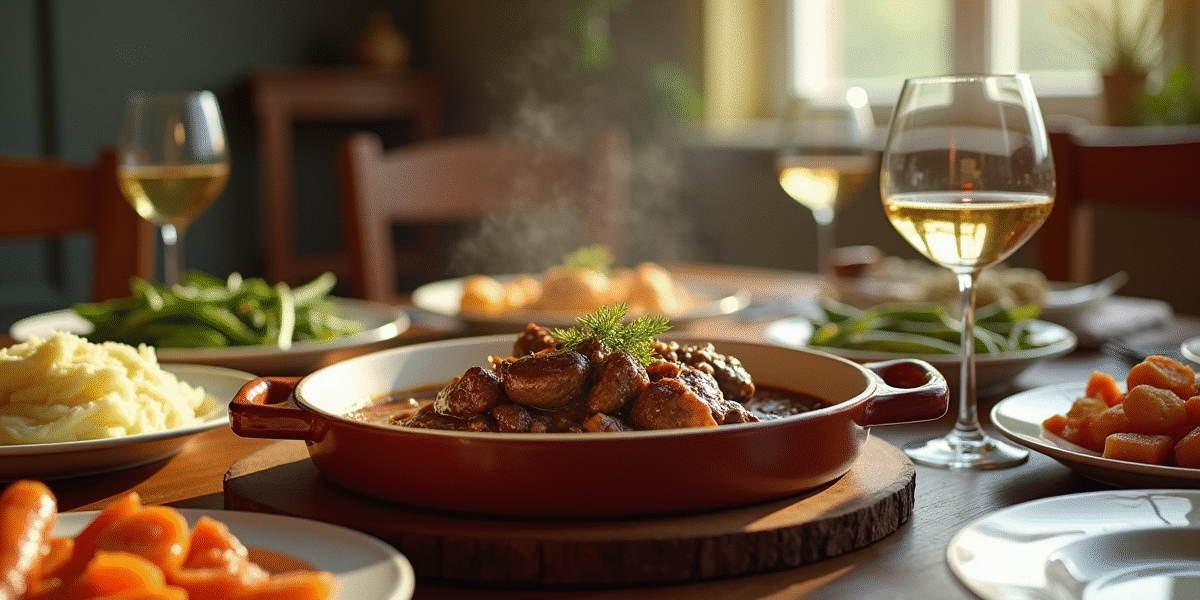 Table élégante pour un repas familial avec un plat de bœuf bourguignon