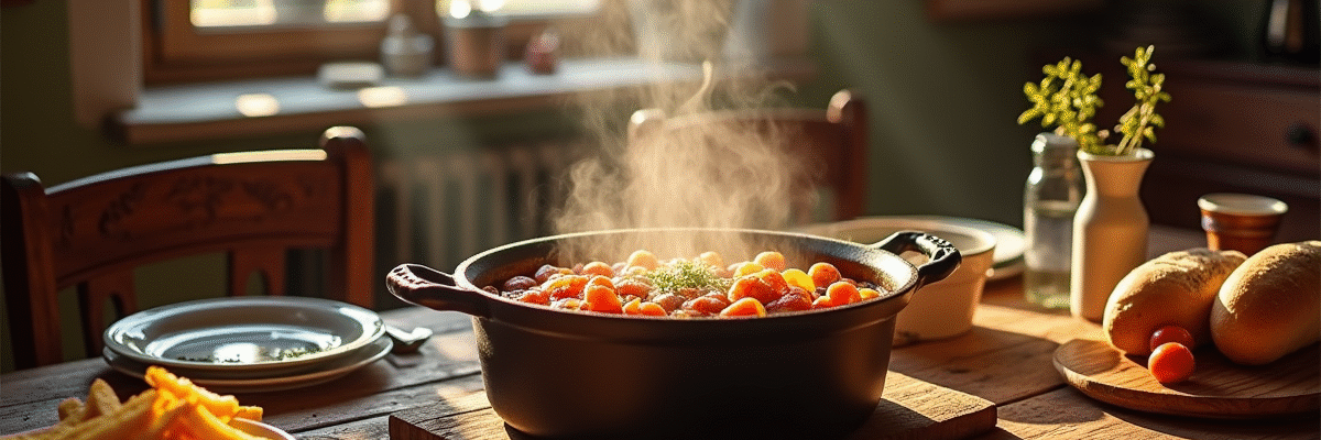 Table rustique avec carbonade flamande et frites dorées