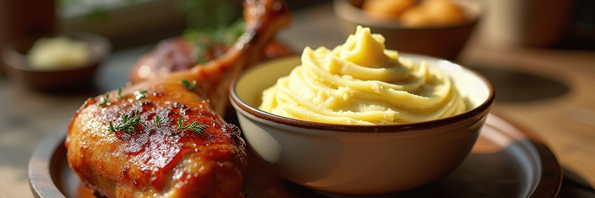 Table rustique avec purée et confit de canard