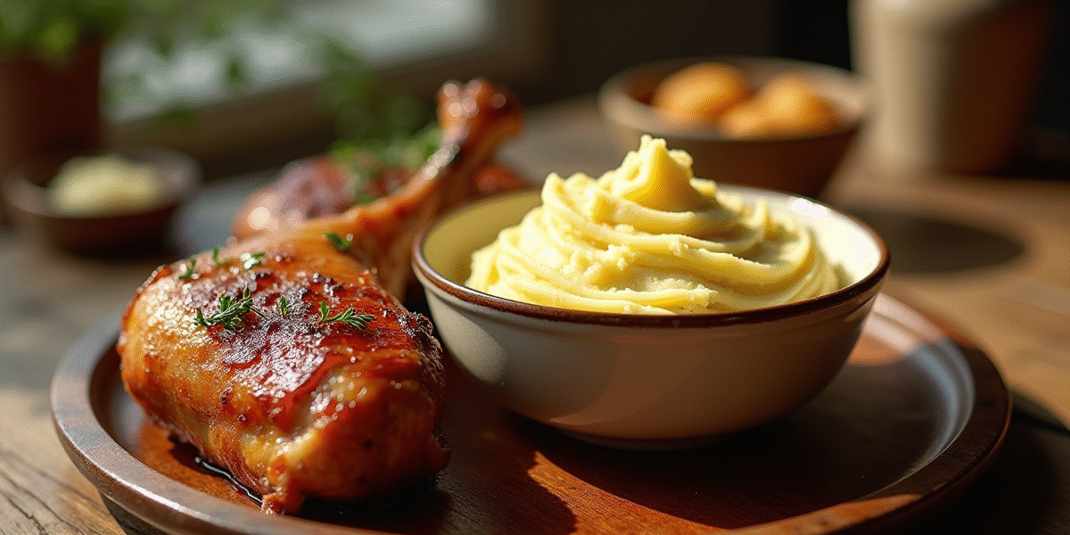 Table rustique avec purée et confit de canard