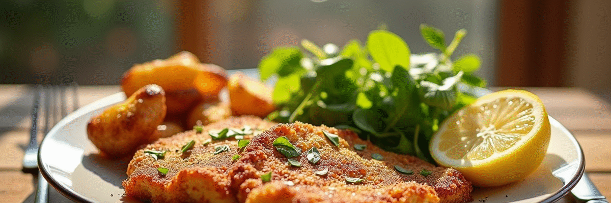 Table rustique avec escalope de veau dorée et salade fraîche