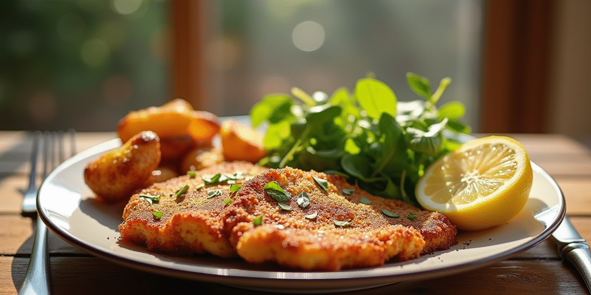 Table rustique avec escalope de veau dorée et salade fraîche