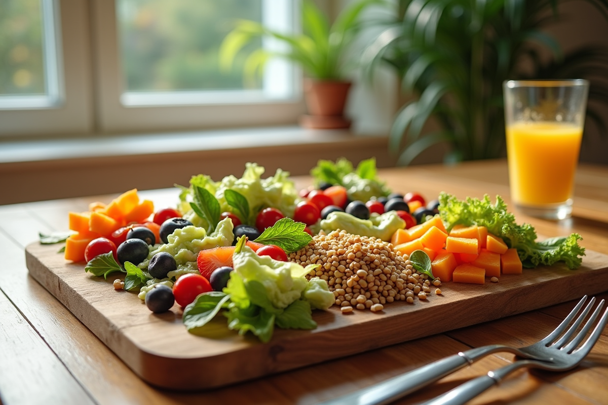 Assiette de salade et fruits pour un déjeuner sain