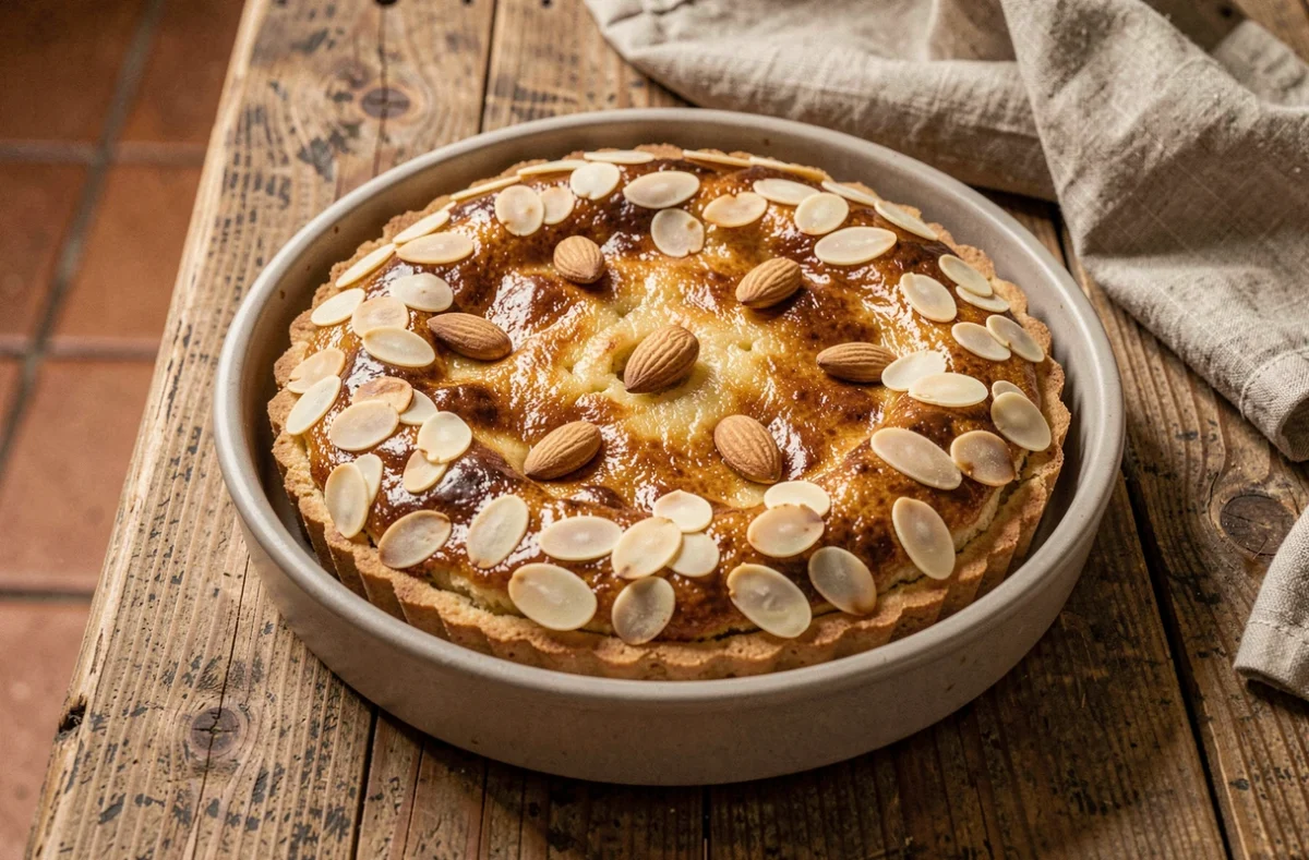 Tarte amandin dorée aux amandes posée sur une table en bois rustique, vue de dessus