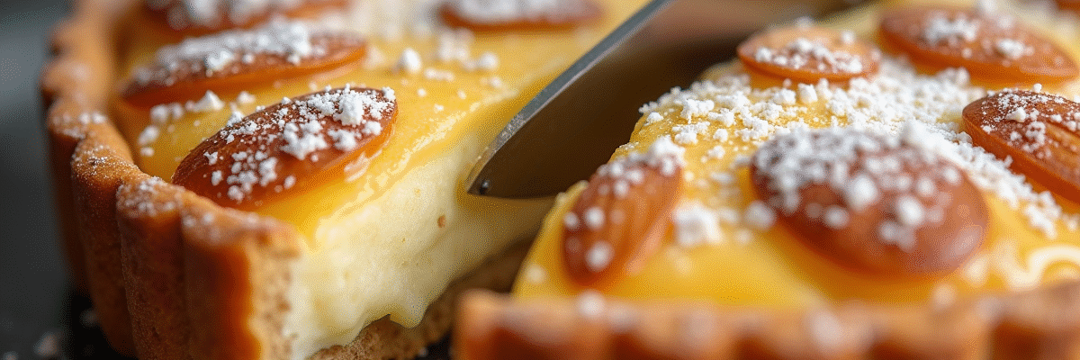 Tarte aux amandes fraîchement tranchée avec croûte dorée