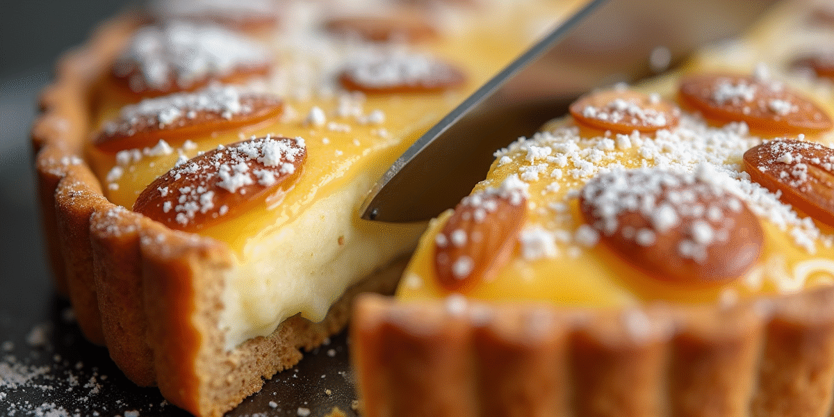 Tarte aux amandes fraîchement tranchée avec croûte dorée