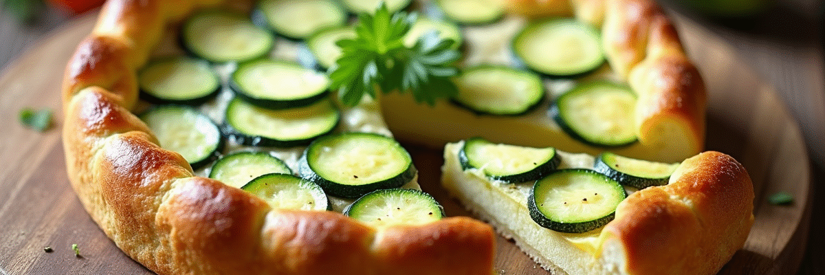 Tarte courgette et chèvre fraîchement cuite tranchée sur une table en bois rustique