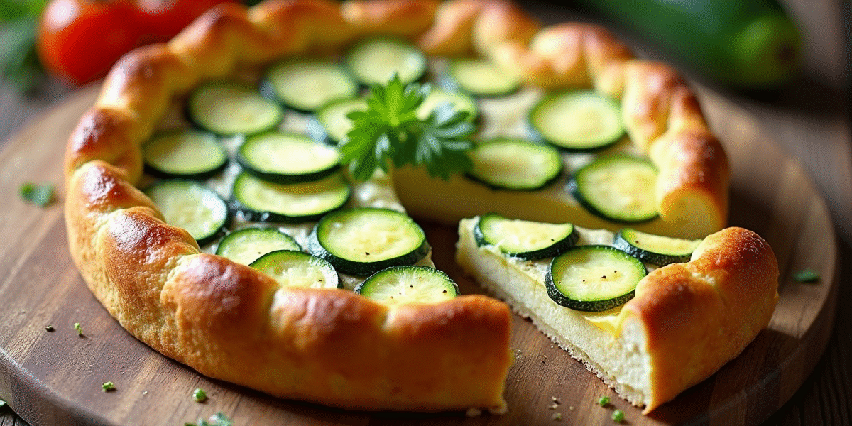 Tarte courgette et chèvre fraîchement cuite tranchée sur une table en bois rustique