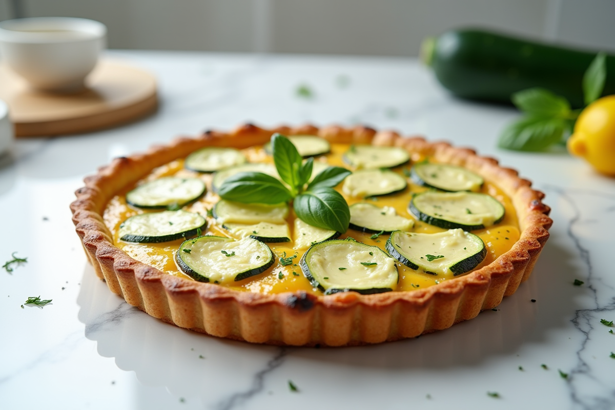 Tarte courgette et chèvre bien coupée sur un plan de travail en marbre lumineux