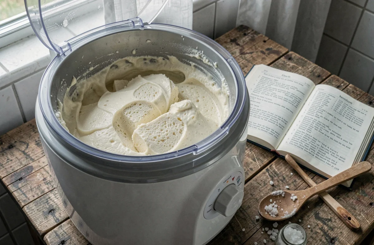 Sorbetière en fonctionnement avec une texture granuleuse révélant une erreur de fabrication de glace maison
