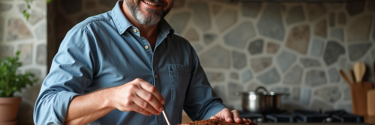 Homme insérant un thermomètre dans un rôti de bœuf en cuisine