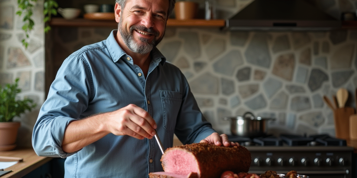 Homme insérant un thermomètre dans un rôti de bœuf en cuisine