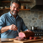 Homme insérant un thermomètre dans un rôti de bœuf en cuisine