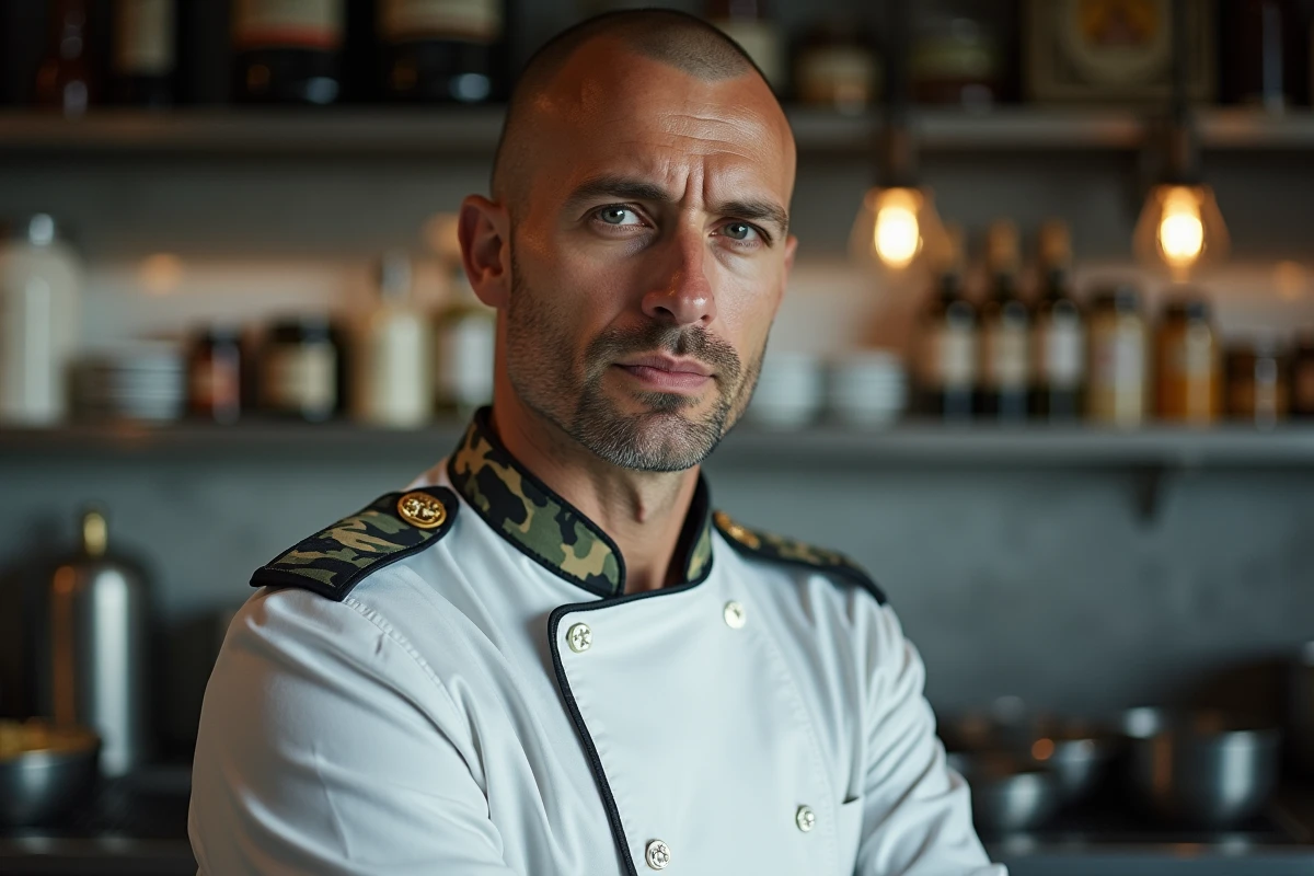 Chef cuisinier au port militaire dans une cuisine fusion moderniste, évoquant le parcours de Thierry Marx