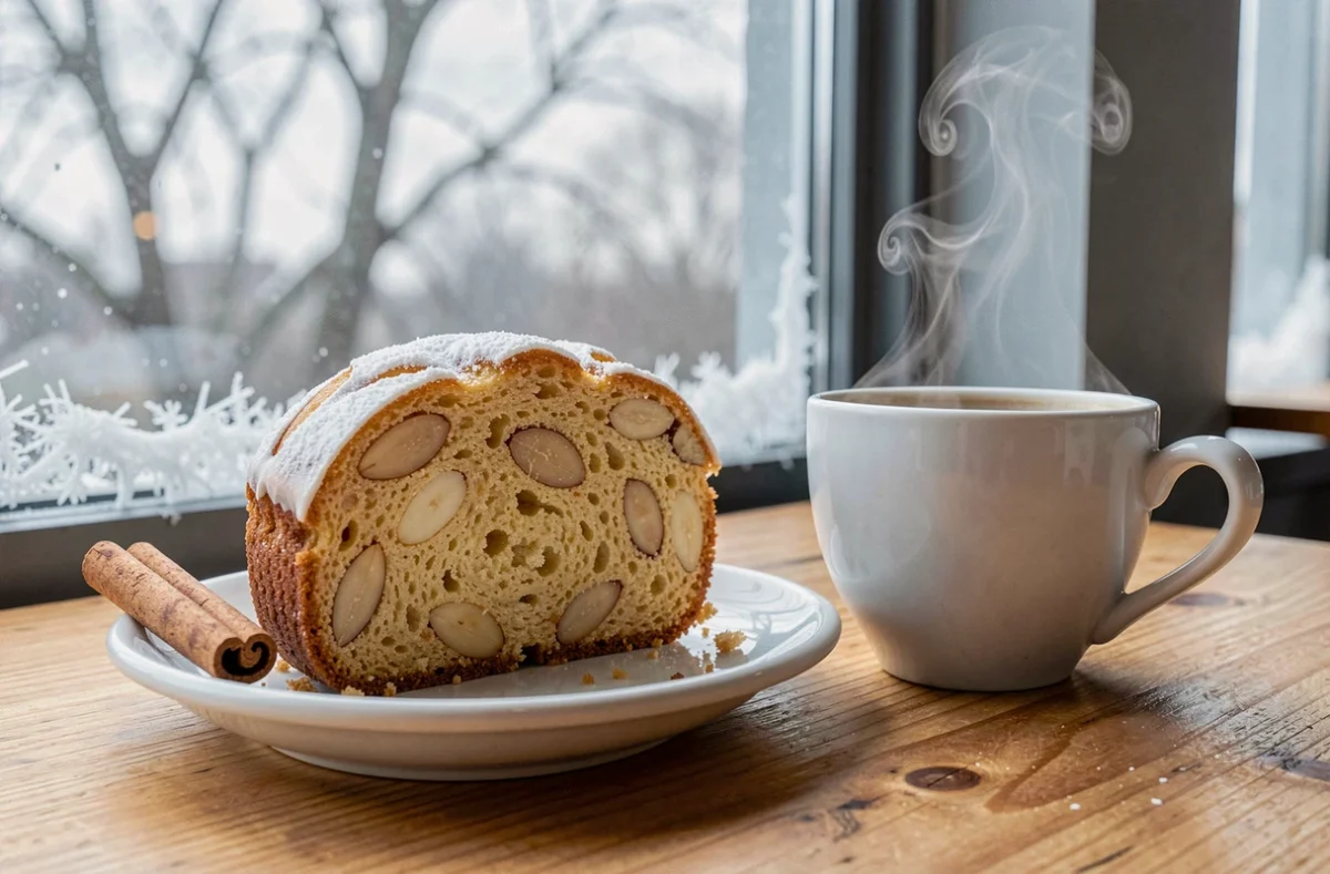 Tranche de gâteau aux amandes de Noël servie sur une assiette en porcelaine avec une tasse de café près d'une fenêtre hivernale