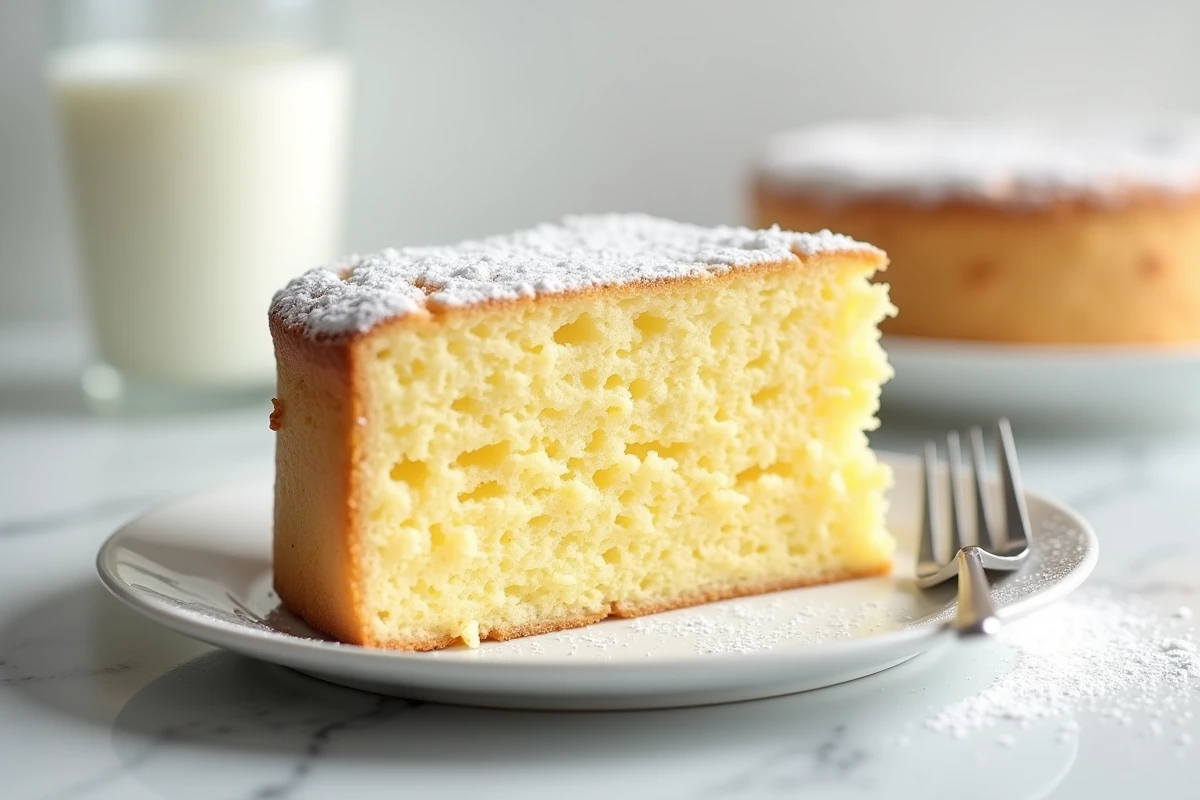 Tranche épaisse de gâteau aux œufs moelleux posée sur une assiette en céramique blanche avec sucre glace et fourchette à dessert