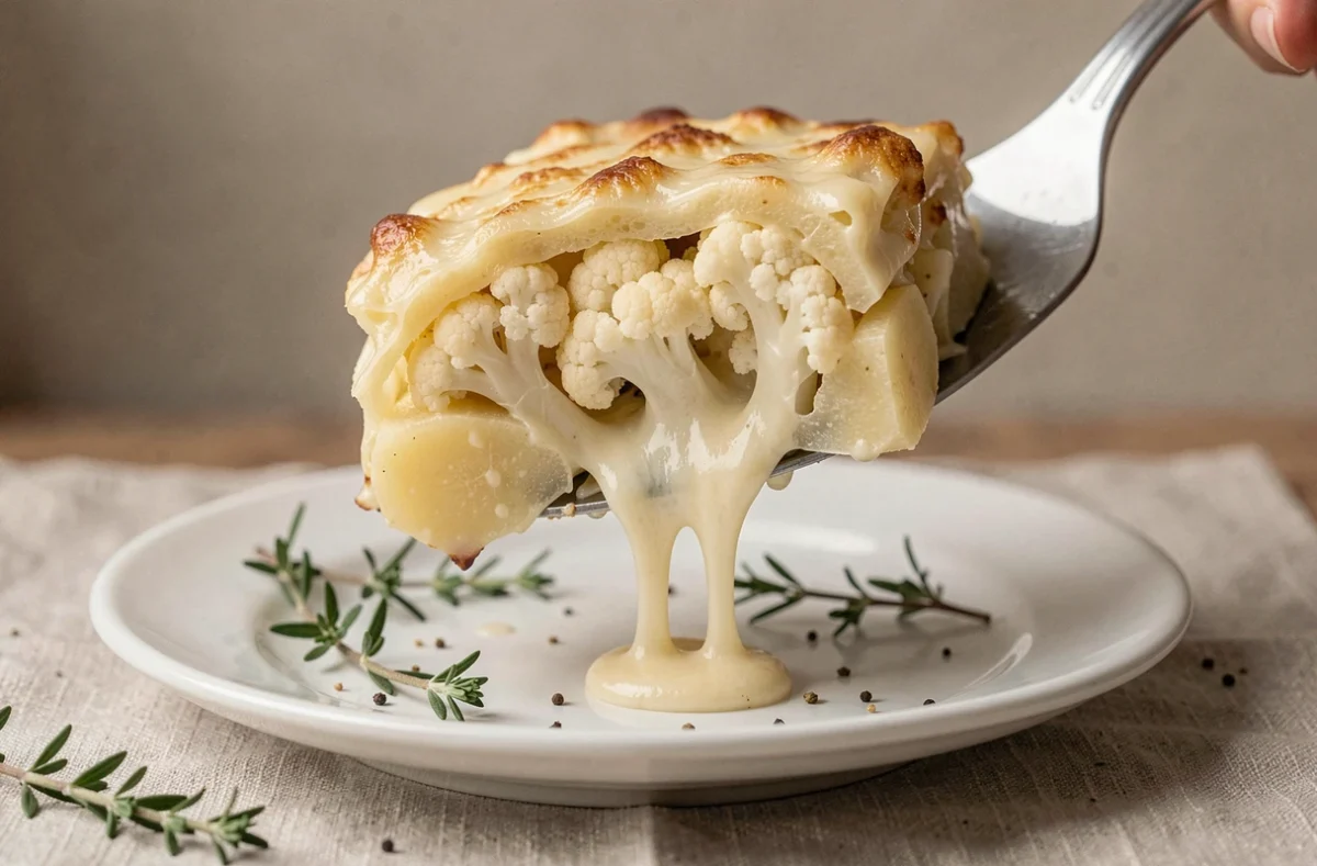 Tranche de gratin de chou-fleur et pomme de terre crémeuse servie sur une assiette blanche avec du thym frais