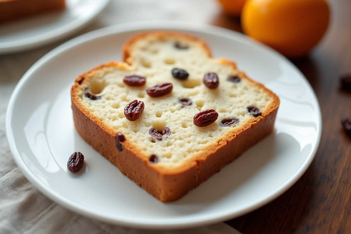 Tranche de pain aux raisins sur une assiette blanche