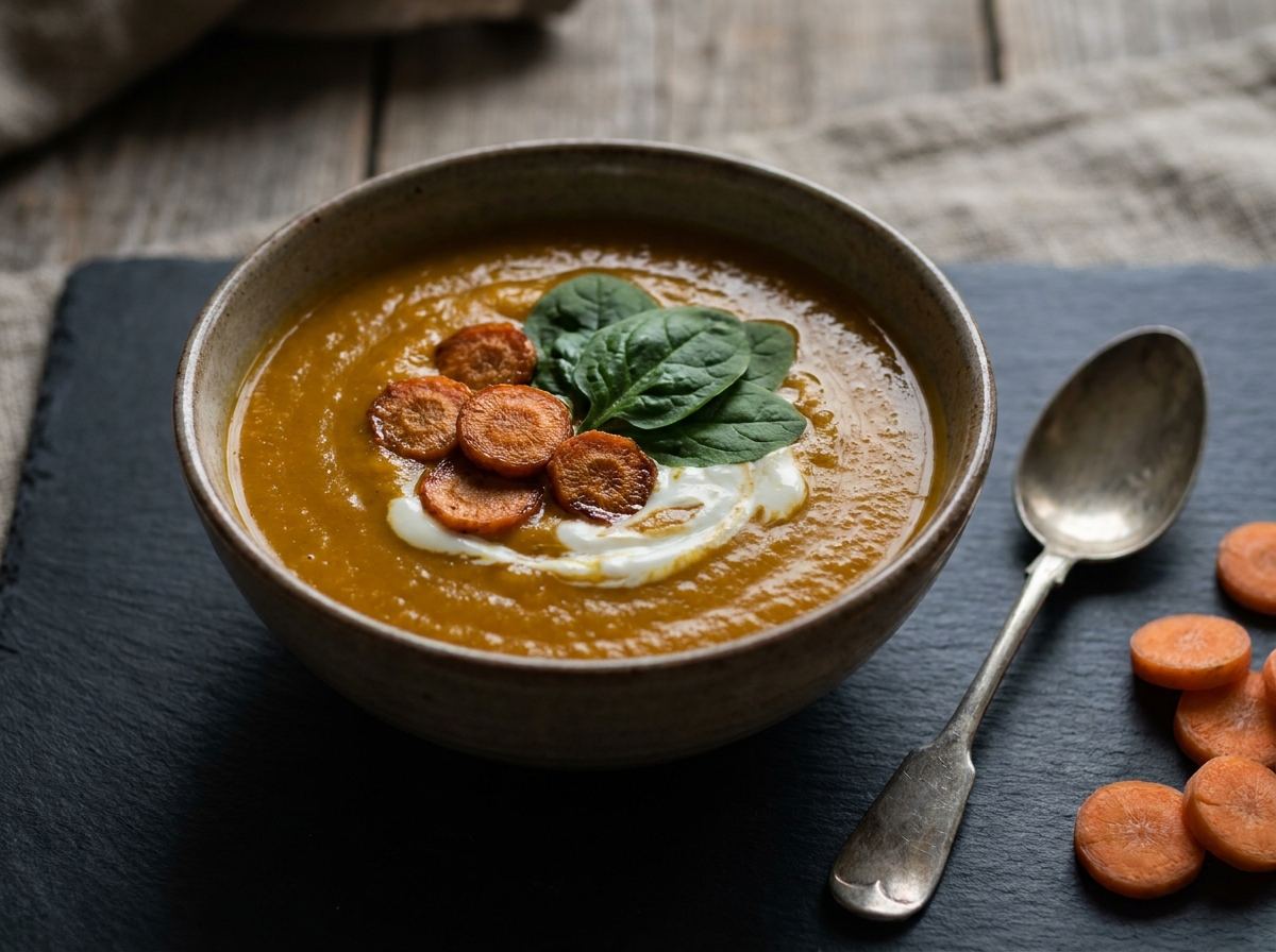 Bol de velouté de courge butternut garni de carottes rôties et d'épinards frais sur surface en pierre, recette automnale riche en nutriments pour la rétine