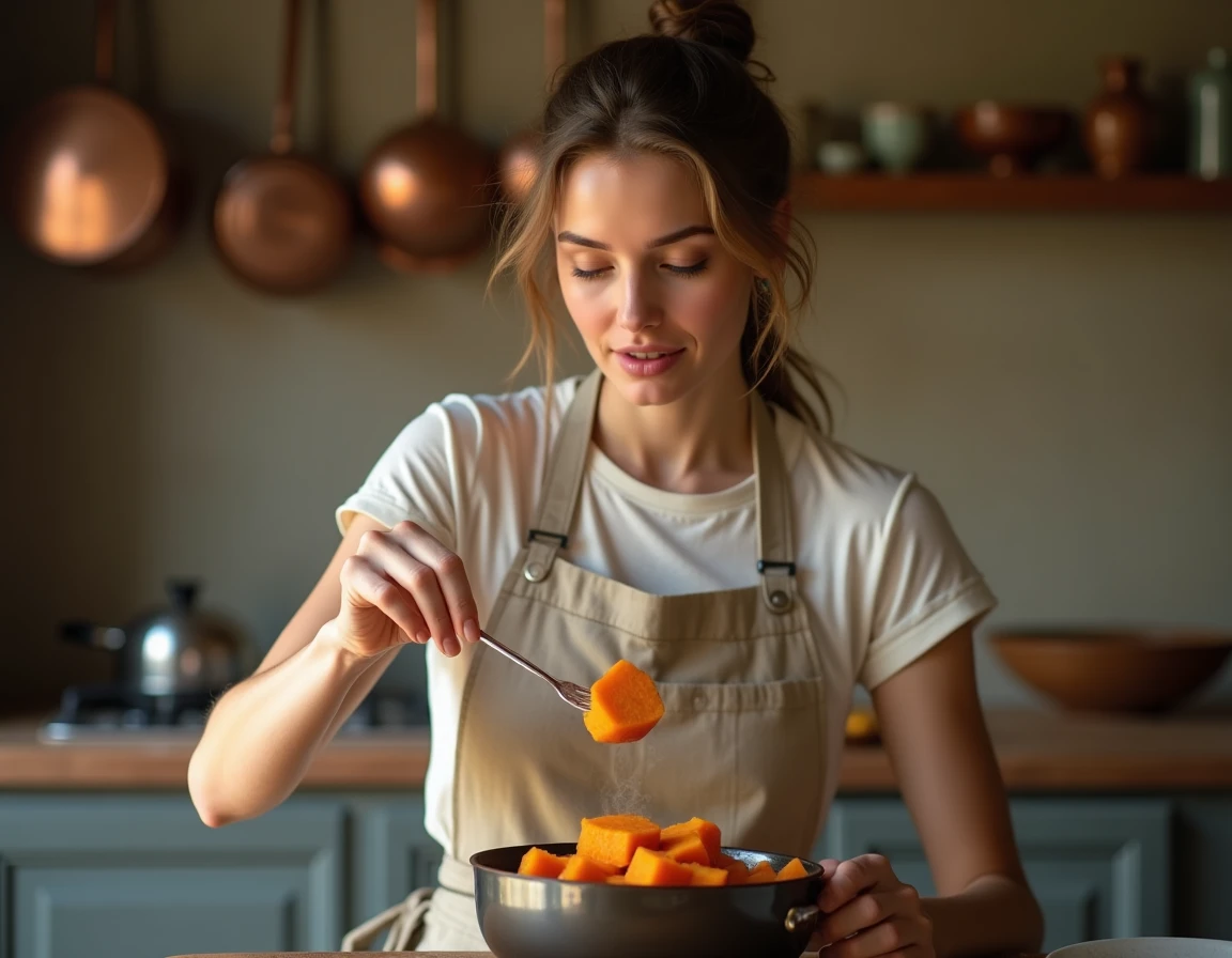 Femme vérifiant la cuisson d'une patate douce à l'eau en la piquant avec une fourchette dans une cuisine rustique