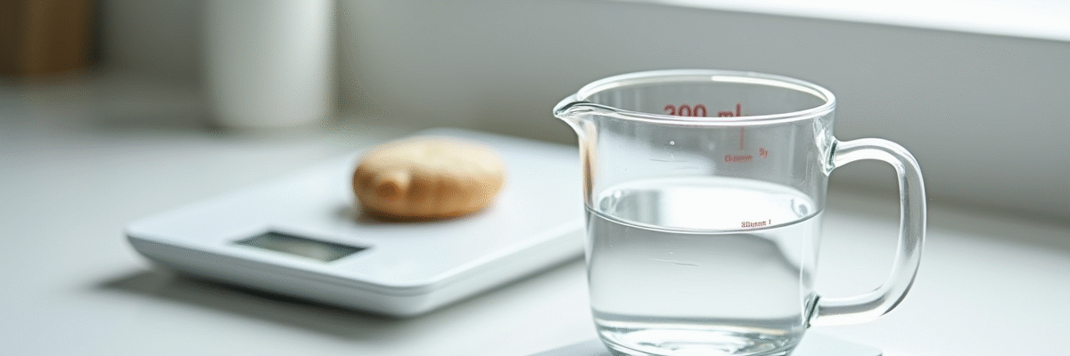 Verre mesureur rempli à 300 ml d'eau sur plan de cuisine