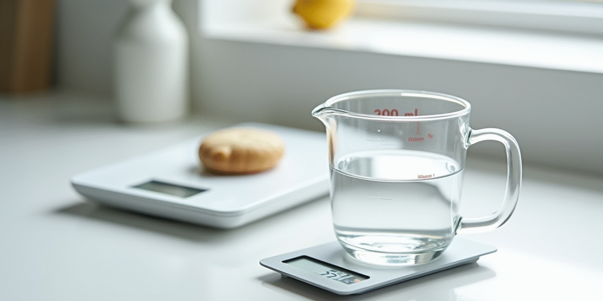 Verre mesureur rempli à 300 ml d'eau sur plan de cuisine