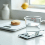 Verre mesureur rempli à 300 ml d'eau sur plan de cuisine