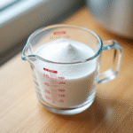 Verre doseur avec du sucre blanc à mi-hauteur dans une cuisine lumineuse