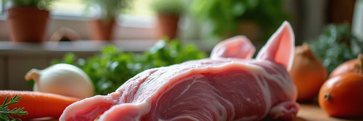 Viande de lapin crue avec légumes frais sur plan de travail