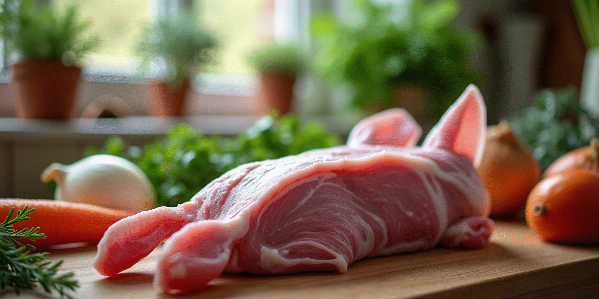 Viande de lapin crue avec légumes frais sur plan de travail