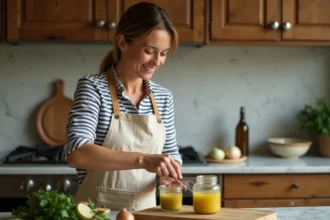 Femme préparant une vinaigrette maison dans un bocal en verre sur un comptoir en bois rustique, cuisine chaleureuse avec herbes fraîches et huile d'olive